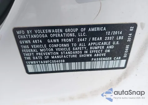 2015 Volkswagen Passat 2.0L Tdi Se from USA, damaged, VIN 1VWBV7A39FC054039